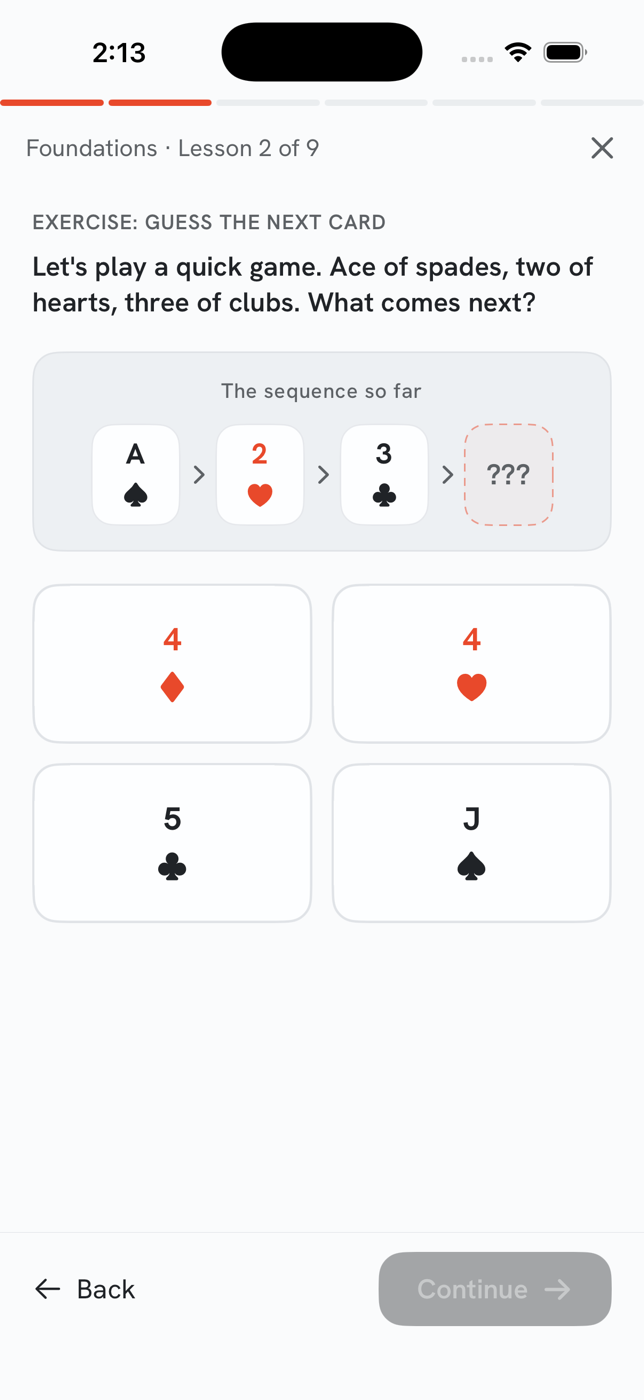 A game step in the Unscary AI app: “Guess the next card.” A sequence of playing cards, ace of spades, two of hearts, three of clubs, is shown with a blank next card, and four options to pick from.