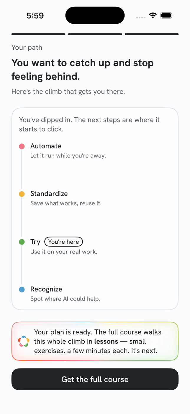 The Unscary AI “Your path” screen. It mirrors the member's goal back as “You want to catch up and stop feeling behind,” then shows the four-rung climb, Automate, Standardize, Try and Recognize, with a “You're here” marker on Try.